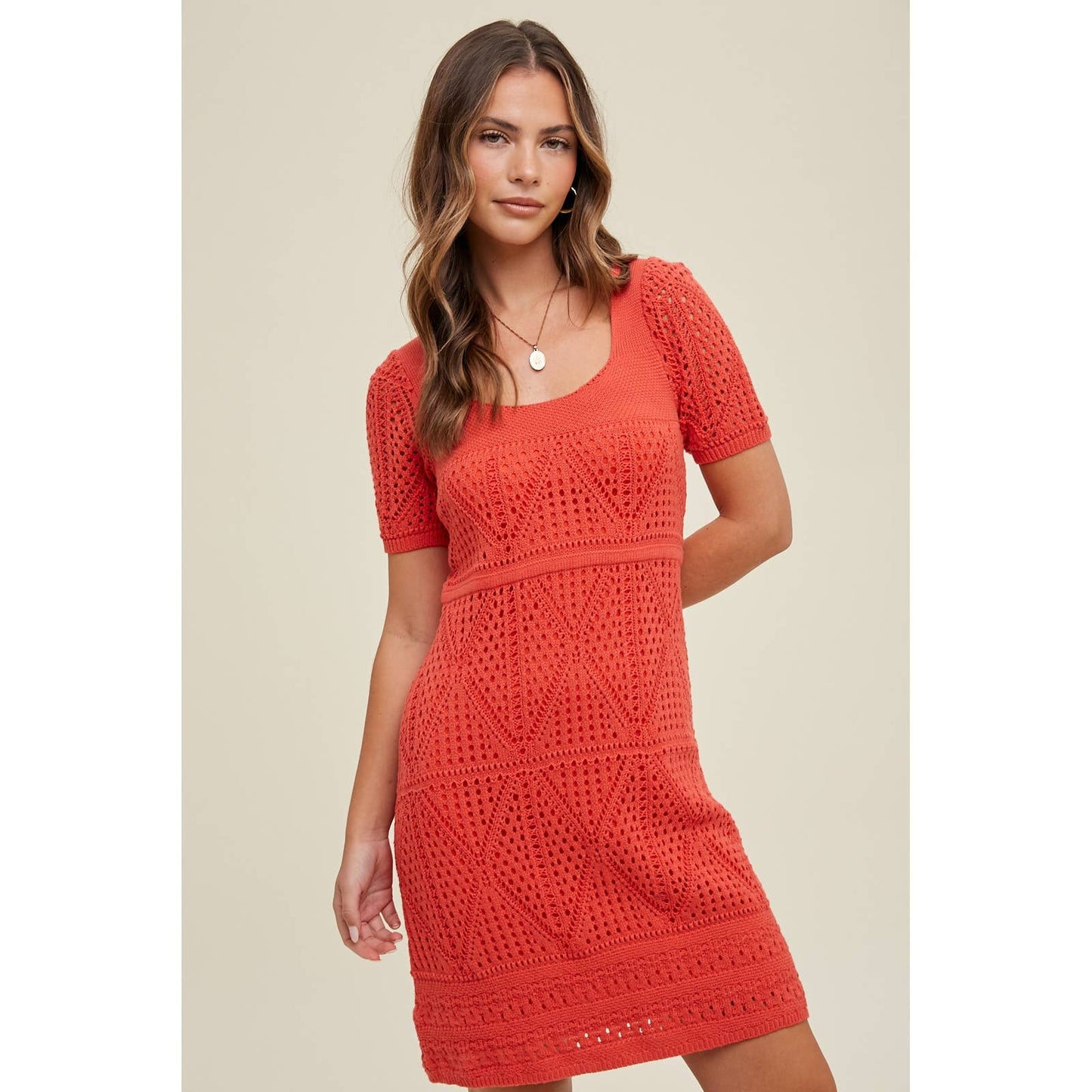 Coral Crochet Dress with Tie Back Detail