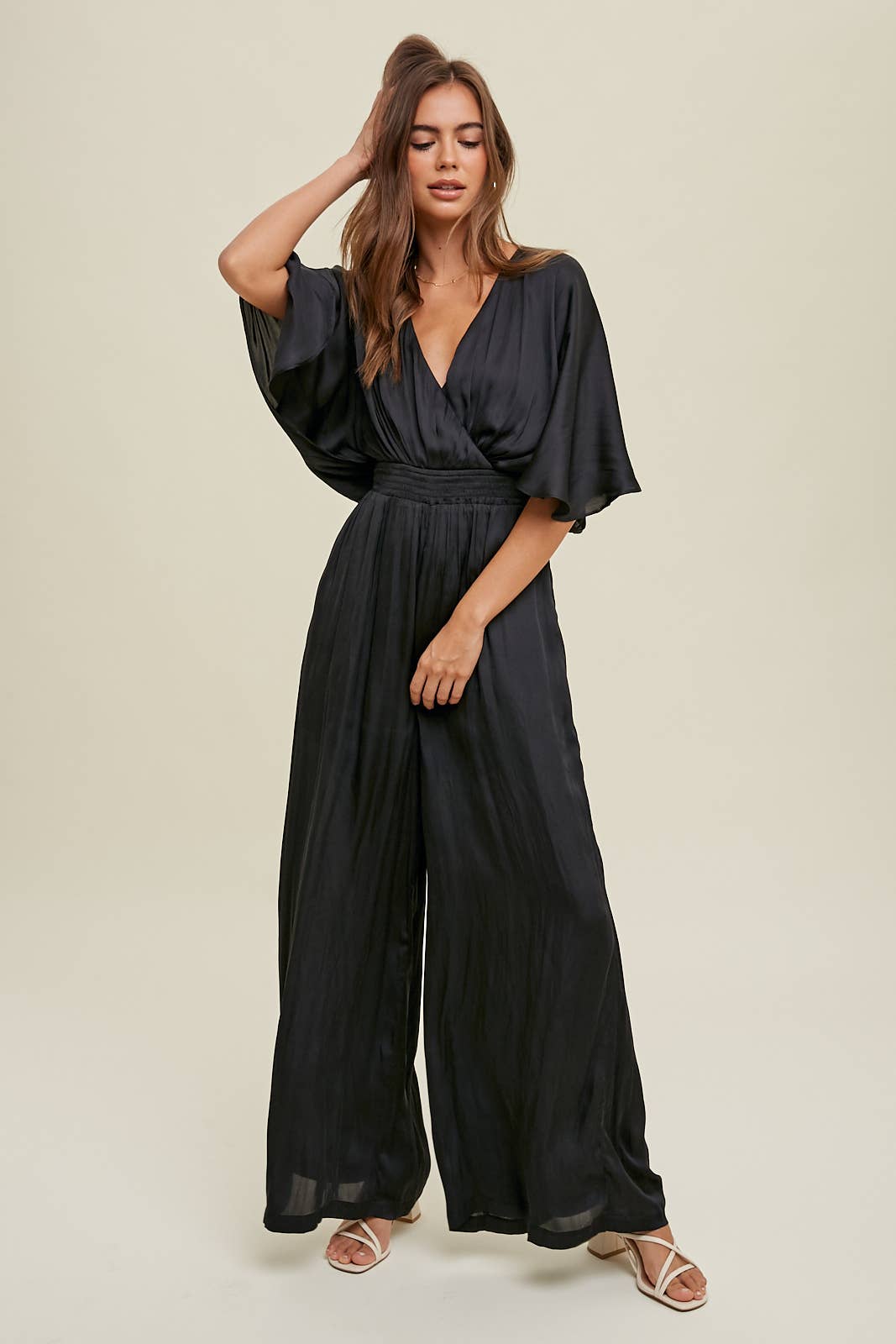 Black Satin Criss Cross Wide Leg Long Romper