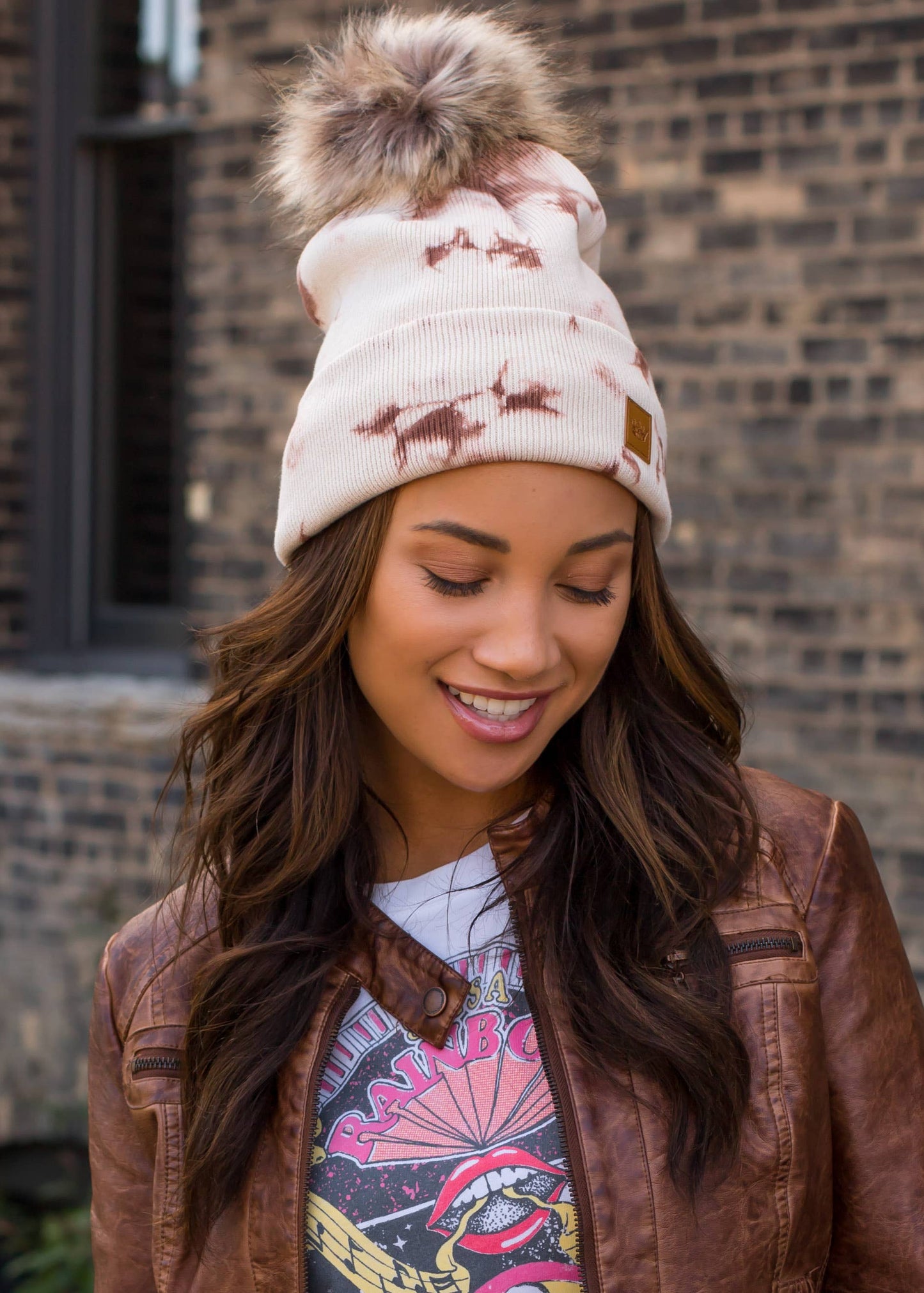 Cream & Tan Tie Dye Pom Hat