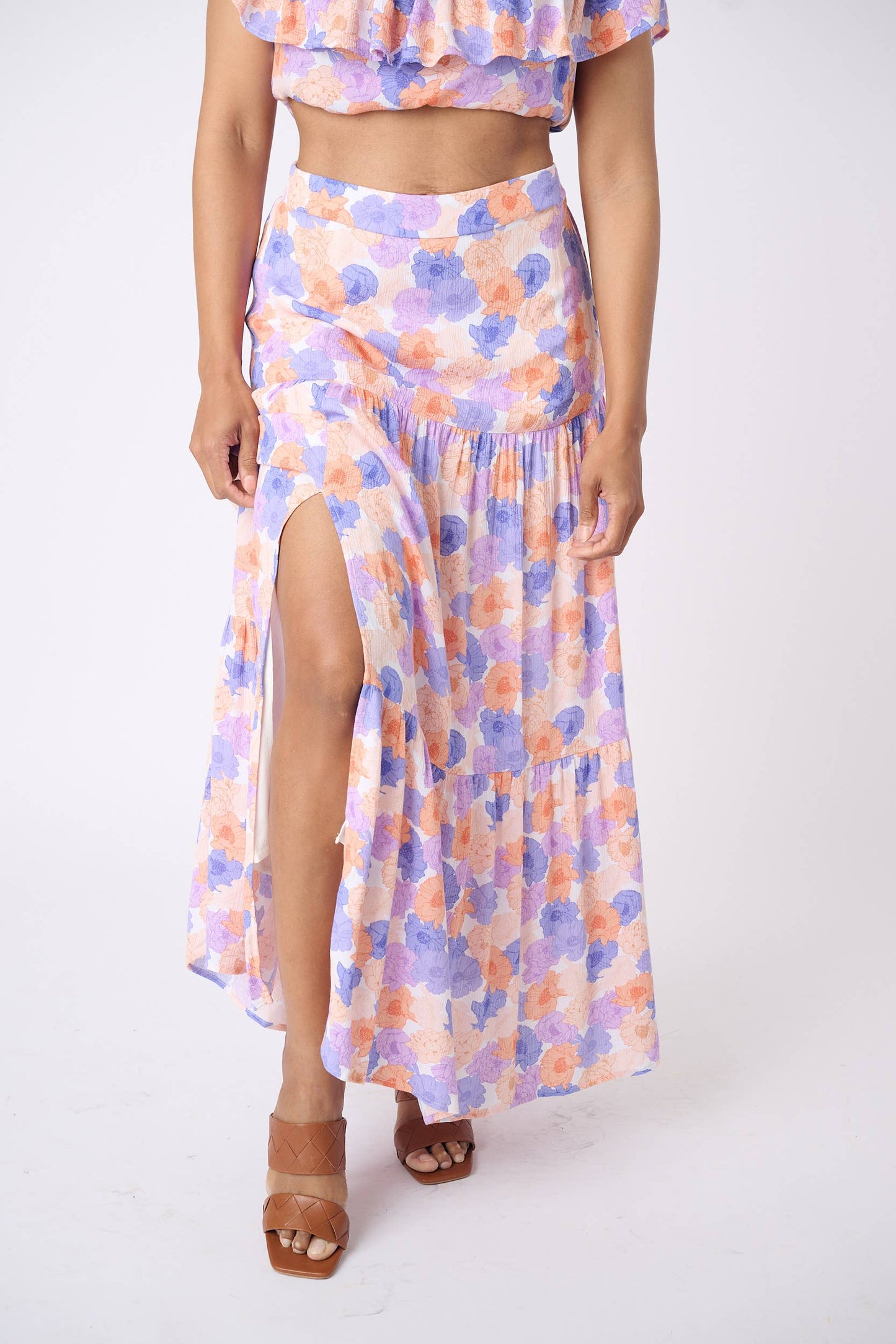 Tiered Maxi Skirt With Offset Front Slit: Poppy Print