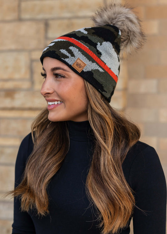 Green Camo w/ Orange Stripe Pom Hat