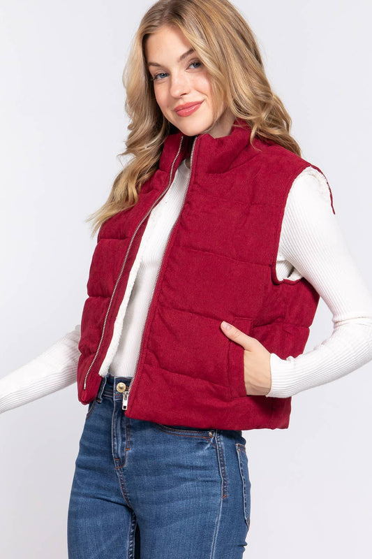 Sherpa Lined Corduroy Puffer Vest-Burgundy